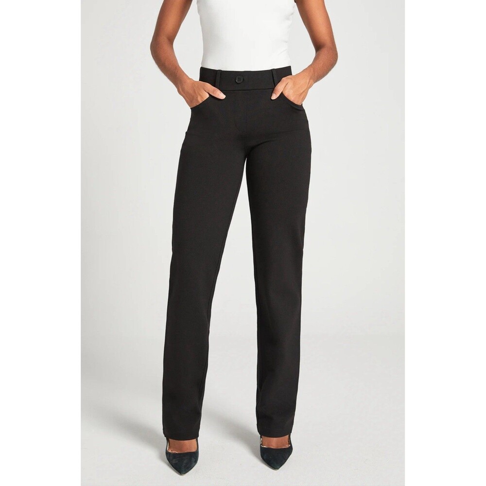 Betabrand L Petite Black Straight Leg Dress Yoga Pants Flat Front 29” Inseam
